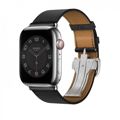 Ремешок из кожи Swift с раскладывающейся застёжкой 45mm Hermès для Apple Watch - "Черный"
