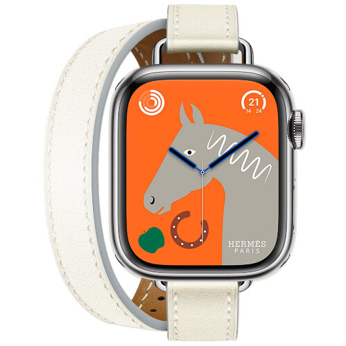 Apple Watch Hermes Series 9 41mm, двойной тонкий кожаный ремешок белого цвета
