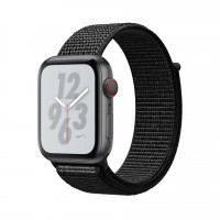 Apple Watch Series 4 Nike+, 44 мм LTE, серебристый алюминий, браслет найк из чёрного нейлона