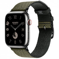 Apple Watch Hermes Series 9 45mm, клетчатый ремешок из плетеного нейлона зеленый с черным