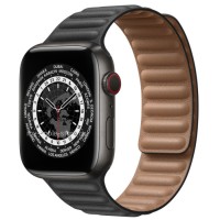 Apple Watch Series 7 45 мм чёрный Титан, черный кожаный ремешок