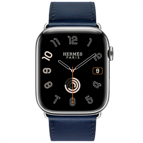Apple Watch Hermes Series 9 45mm, классический кожаный ремешок синего цвета