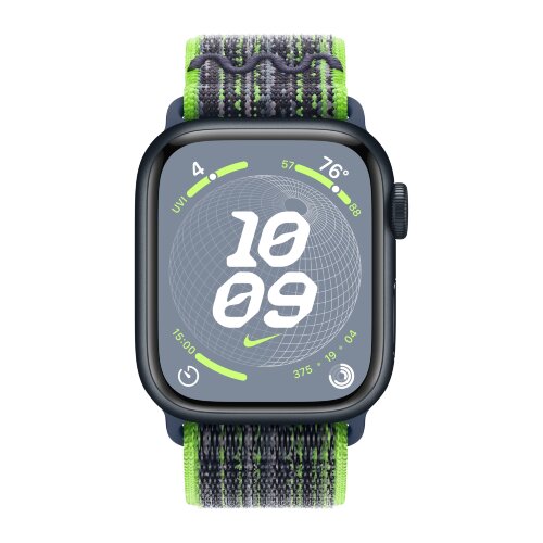 Apple Watch Series 9 41mm, Midnight Aluminum Case with Nike Sport Loop - Bright Green/Blue