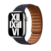 Apple Watch Series 9 45mm, Серебристая сталь, кожаный ремешок Leather Link - Ink