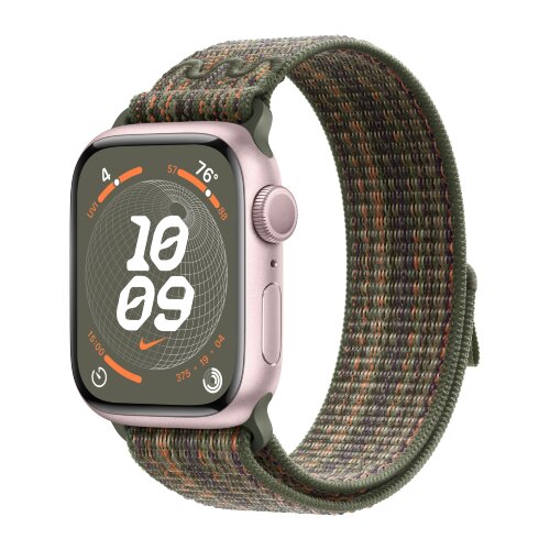 Apple Watch Series 9 41mm, Pink Aluminum Case with Nike Sport Loop - Sequoia/Orange