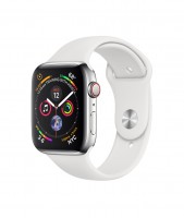 Apple Watch Series 4, 44 мм Cellular + GPS, нержавеющая сталь, белый спортивный ремешок