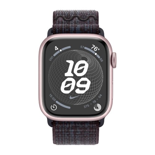 Apple Watch Series 9 41mm, Pink Aluminum Case with Nike Sport Loop - Black/Blue