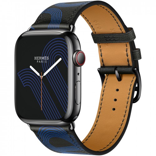 Apple Watch Series 7 Hermes 45 мм, черный корпус, кожаный черный ремешок с синим узором