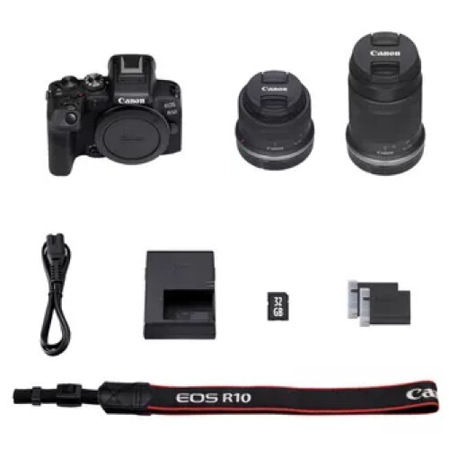 Canon EOS R10 Mirrorless Camera + RF-S 55-210mm Lens + RF-S 18-45mm Lens + SD Card + Spare Battery