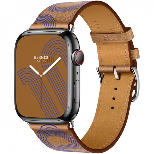 Apple Watch Series 7 Hermes 45 мм, черный корпус, кожаный ремешок бисквитного цвета с синим узором