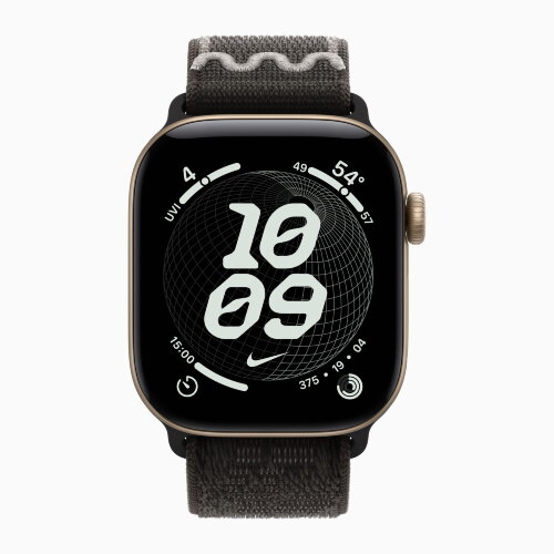 Apple Watch Series 12 46mm, Light Gold Aluminum Case with Nike Sport Loop - After Dark Black