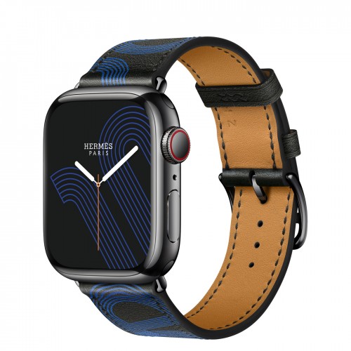 Apple Watch Series 7 Hermes 41 мм, черный корпус, кожаный черный ремешок с синим узором