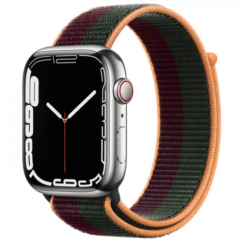 Apple Watch Series 7 45 мм, Стальные, спортивный браслет «Тёмная вишня/зелёный лес»