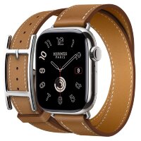 Apple Watch Hermes Series 11 42mm, двойной кожаный ремешок с пряжкой коричневого цвета