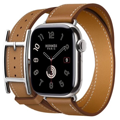 Apple Watch Hermes Series 11 42mm, двойной кожаный ремешок с пряжкой коричневого цвета