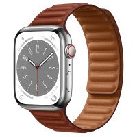 Apple Watch Series 8 45mm Silver Stainless Steel Case with Leather Link - Umber