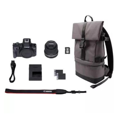 Canon EOS R50 Mirrorless Camera, Black + RF-S 18-45mm F4.5-6.3 IS STM Lens + Backpack + SD Card + Spare Battery