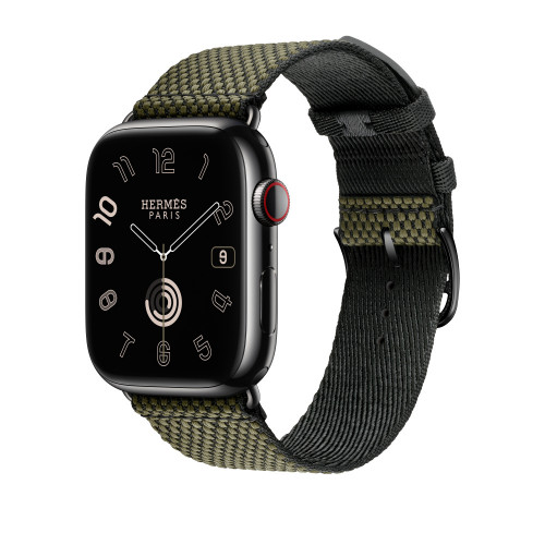 Ремешок Hermes для Apple Watch 45mm Toile H Single Tour - Зеленый/Черный (Vert/Noir)