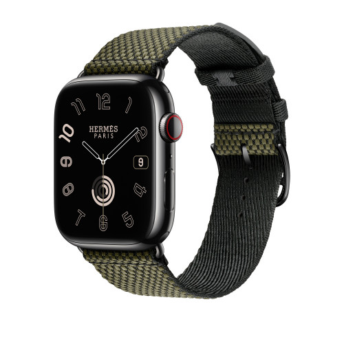 Ремешок Hermes для Apple Watch 46mm Toile H Single Tour - Зеленый/Черный (Vert/Noir)