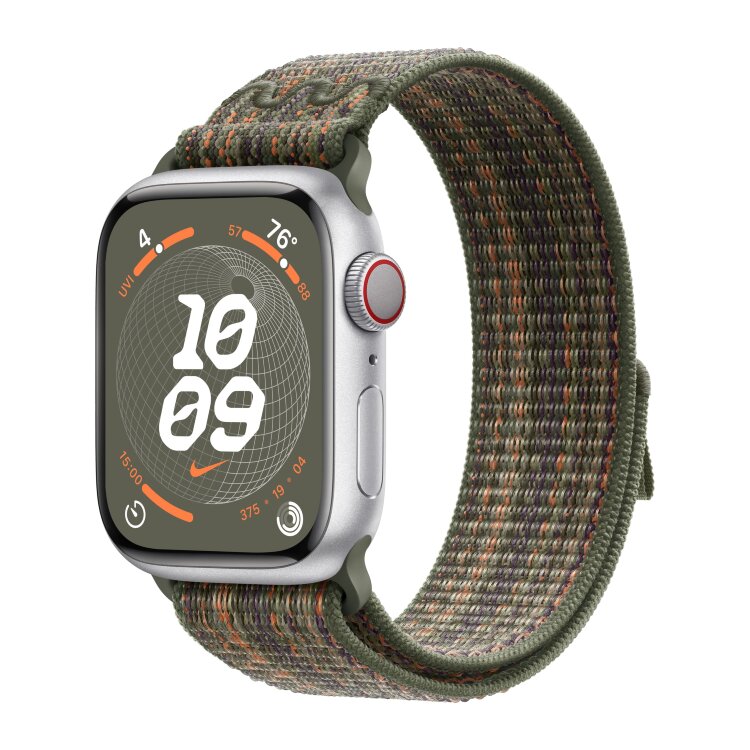 Apple Watch Series 9 41mm, Silver Aluminum Case with Nike Sport Loop - Sequoia/Orange