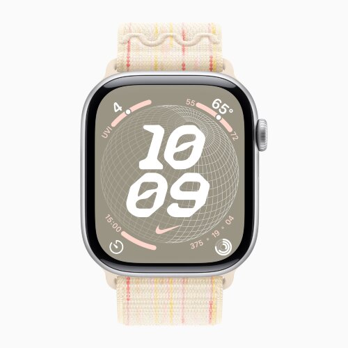 Apple Watch Series 10 46mm, Silver Aluminum Case with Nike Sport Loop - Starlight/Pink