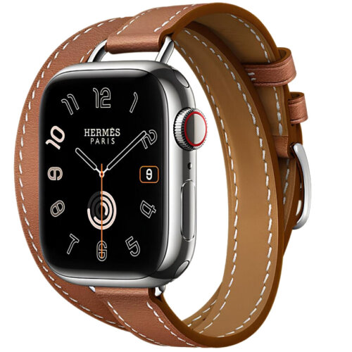 Apple Watch Hermes Series 11 42mm, двойной тонкий кожаный ремешок коричневого цвета