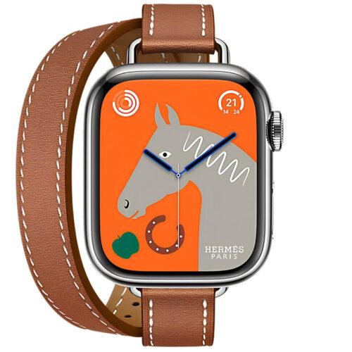 Apple Watch Hermes Series 11 42mm, двойной тонкий кожаный ремешок коричневого цвета