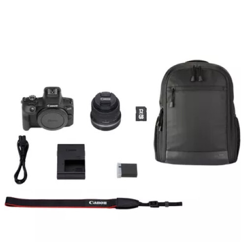 Canon EOS R100 Mirrorless Camera + RF-S 18-45mm F4.5-6.3 IS STM Lens + Backpack (Black)+ SD Card