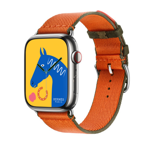 Ремешок Hermes для Apple Watch 45mm Twill Jump Single Tour - Оранжевый/Хаки (Orange/Kaki)