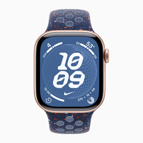 Apple Watch Series 11 42mm, Rose Gold Aluminum Case with Nike Sport Band - Blue Ribbon