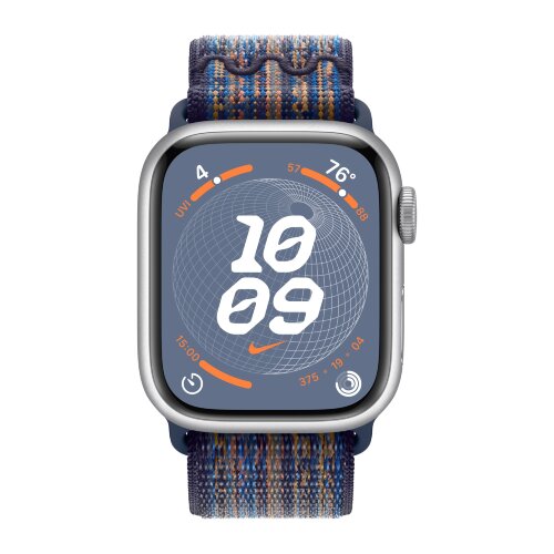 Apple Watch Series 9 41mm, Silver Aluminum Case with Nike Sport Loop - Game Royal/Orange