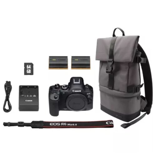 Canon EOS R6 Mark II Mirrorless Camera, Black + Backpack + SD Card + Spare Battery
