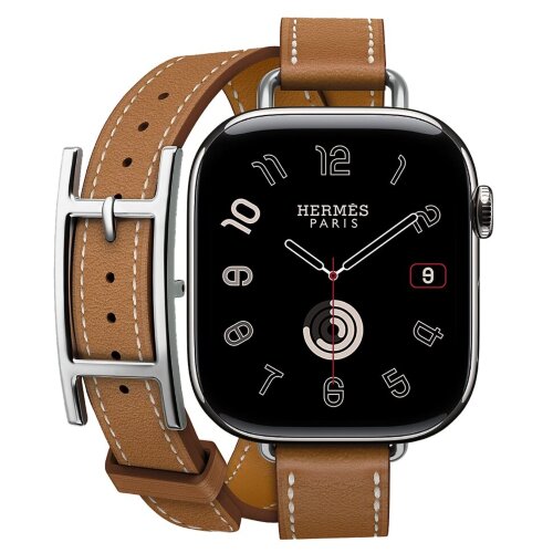 Apple Watch Hermes Series 11 42mm, двойной тонкий кожаный ремешок с пряжкой коричневого цвета