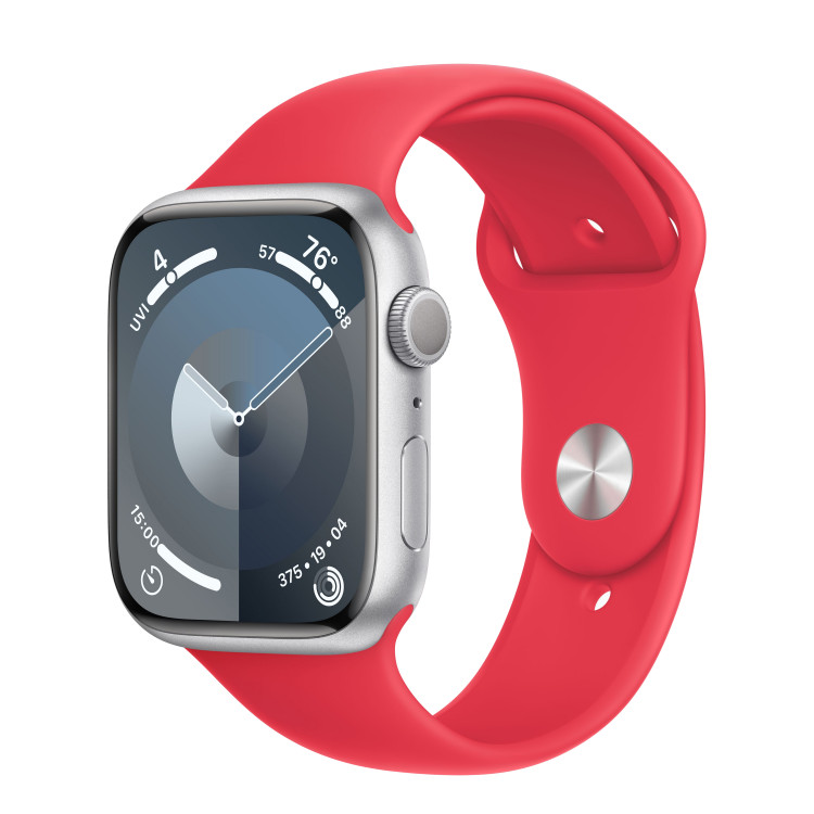 Silver apple watch with red band 2025