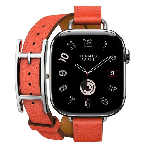 Apple Watch Hermes Series 11 42mm, двойной тонкий кожаный ремешок с пряжкой оранжевого цвета