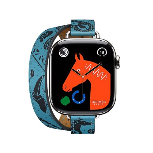 Ремешок Hermès Attelage Double Tour Animaux Bandana из кожи Swift 42mm для Apple Watch - Голубой
