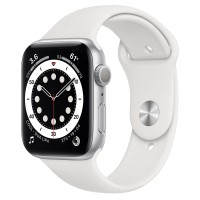 Apple Watch Series 6 44 мм, серебристый алюминий, белый спортивный ремешок