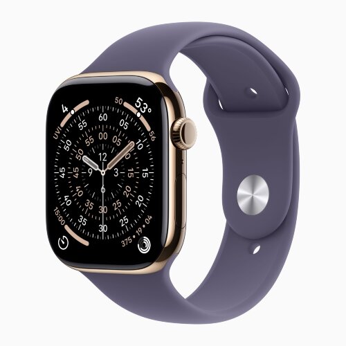 Apple Watch Series 11 42mm, Gold Titanium Case with Sport Band - Purple Fog