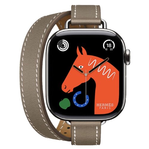 Apple Watch Hermes Series 11 42mm, двойной тонкий кожаный ремешок светло-серого цвета
