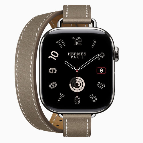 Apple Watch Hermes Series 11 42mm, двойной тонкий кожаный ремешок светло-серого цвета