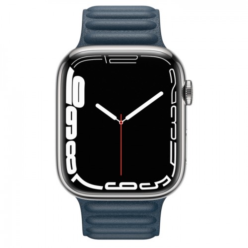 Apple Watch Series 7 45 мм, Серебристая нержавеющая сталь, браслет из кожи «Балтийский синий»