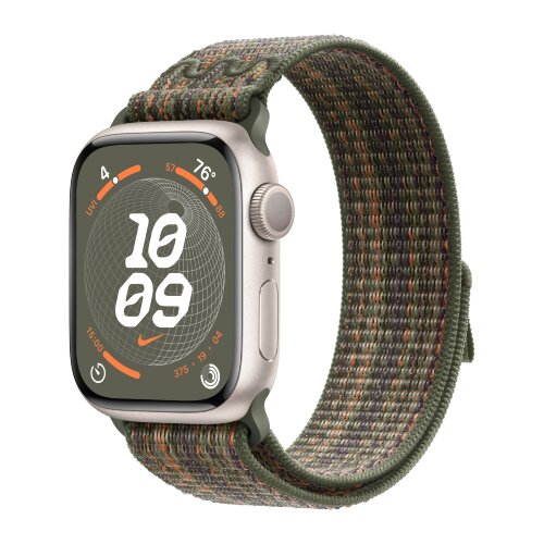 Apple Watch Series 9 41mm, Starlight Aluminum Case with Nike Sport Loop - Sequoia/Orange