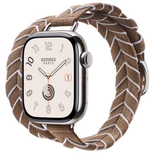 Apple Watch Hermes Series 11 42mm, двойной тонкий ремешок из плетеного нейлона бежевый с белым
