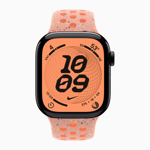 Apple Watch Series 11 42mm, Jet Black Aluminum Case with Nike Sport Band - Alpenglow Pink