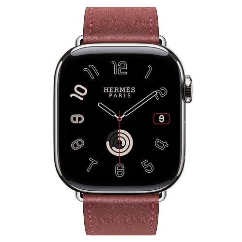Apple Watch Hermes Series 11 42mm, классический кожаный темно-красный ремешок