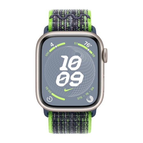 Apple Watch Series 9 41mm, Starlight Aluminum Case with Nike Sport Loop - Bright Green/Blue