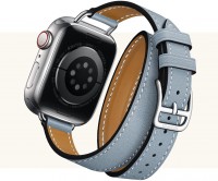 Apple Watch Series 7 Hermes 41mm, двойной, длинный, кожаный ремешок голубого цвета