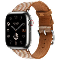 Apple Watch Hermes Series 11 42mm, клетчатый ремешок из плетеного нейлона золотой с белым