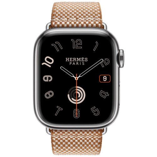 Apple Watch Hermes Series 11 42mm, клетчатый ремешок из плетеного нейлона золотой с белым