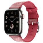 Apple Watch Hermes Series 11 42mm, клетчатый ремешок из плетеного нейлона розового цвета